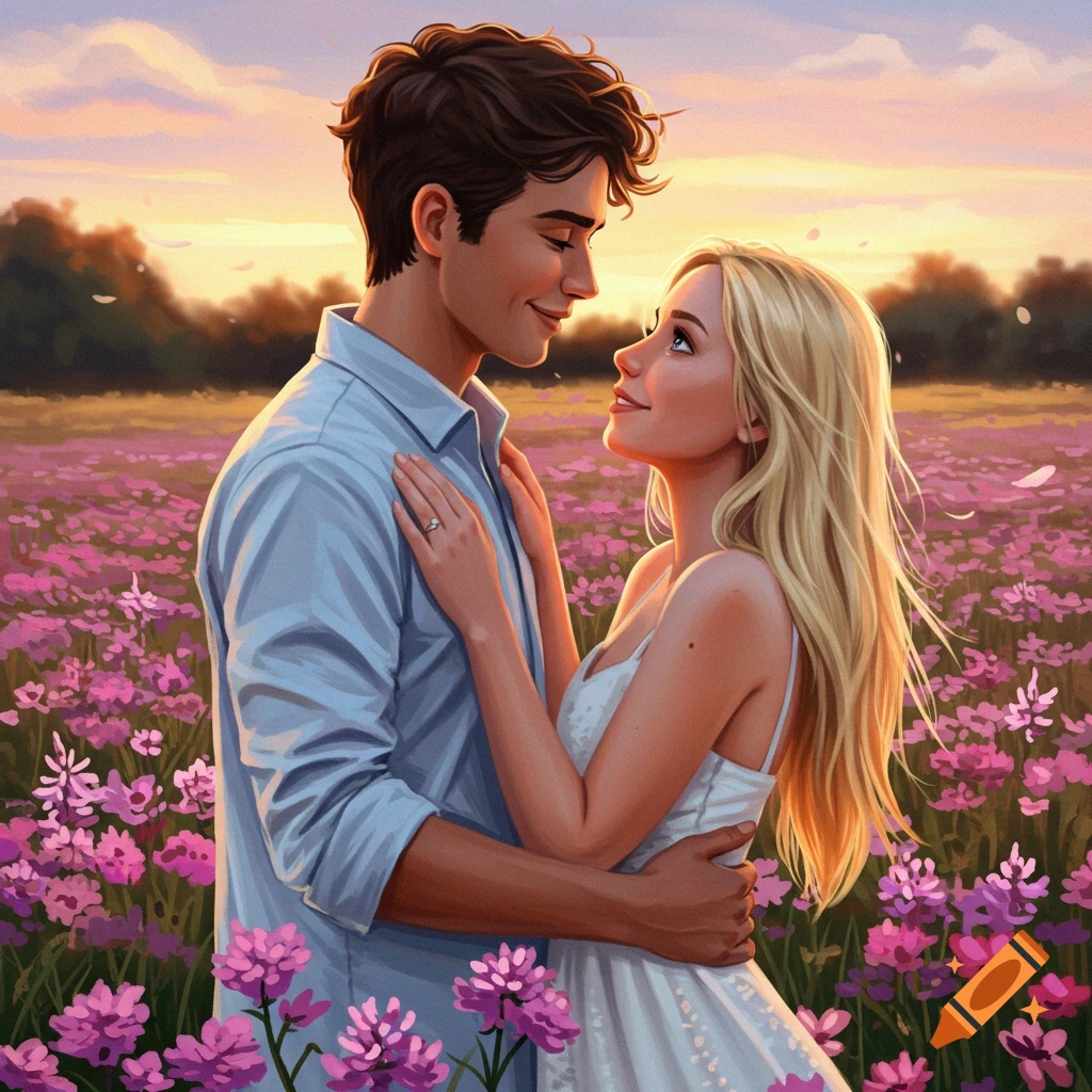 A couple embracing in a field of purple flowers at sunset