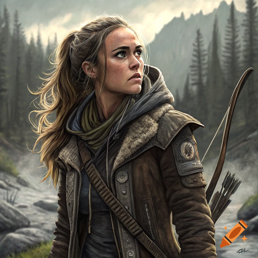 Close-up portrait of a woman in survival gear with a ponytail and bow, looking up in a forest.