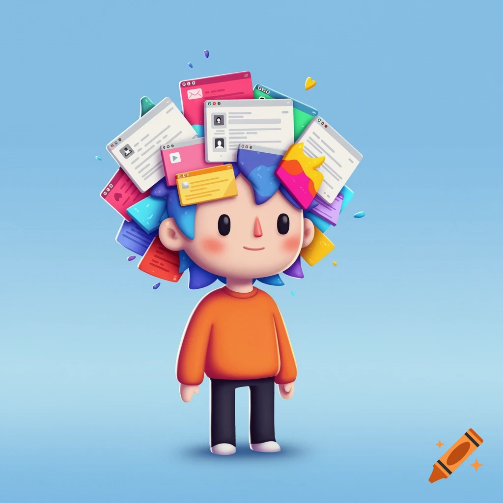 Stylized character with interface windows for hair on blue background