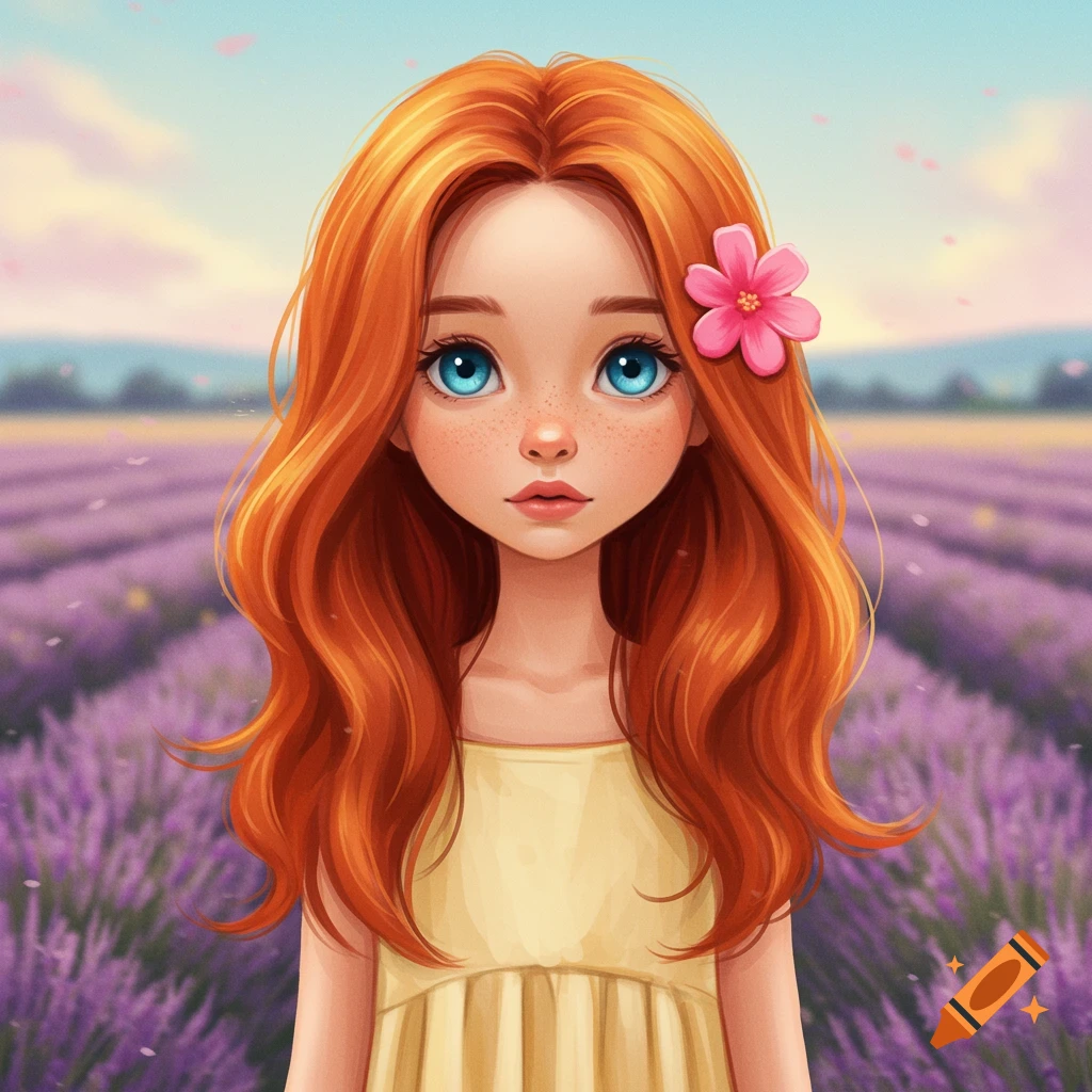 A young girl with red hair and blue eyes in a lavender field.