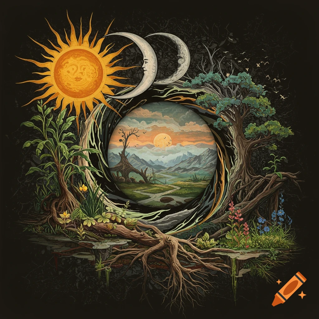 Circular landscape illustration framed by roots, plants, sun, and moon.