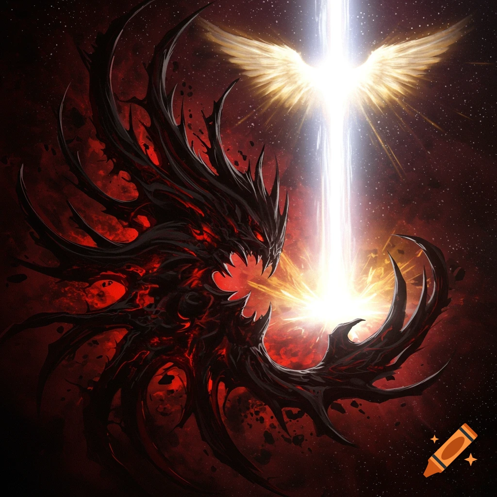 A dark, spiky creature facing a bright, winged light source.