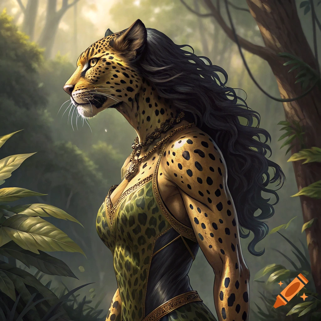 A female jaguar demigoddess with long dark hair and spots stands in a lush forest, wearing a spotted gown and necklace.