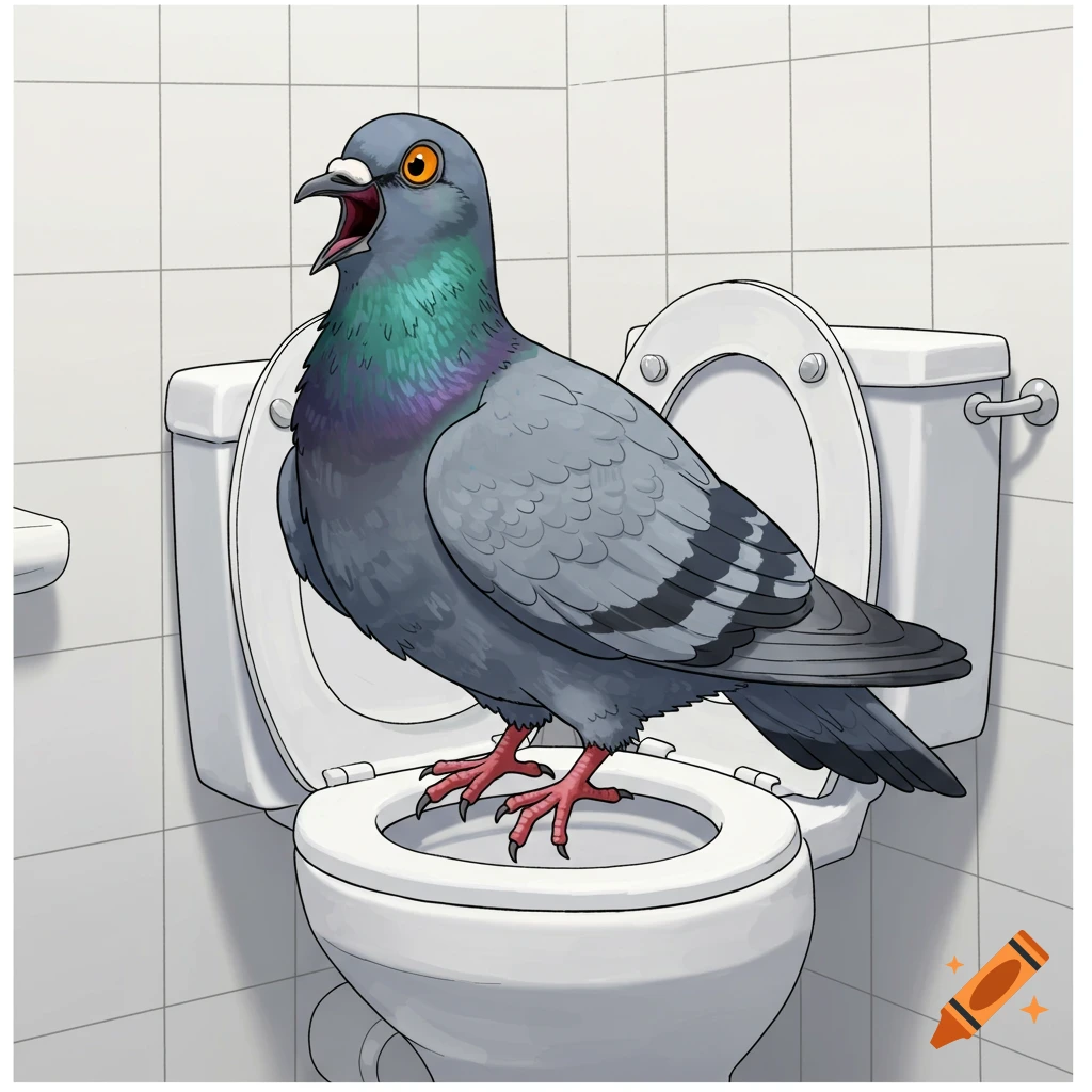 A pigeon standing on a toilet seat, mouth open as if yelling.