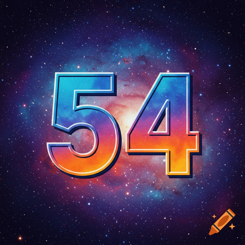 The number 54 rendered in a colorful space background.