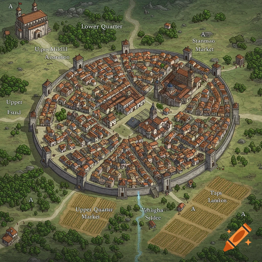 Top-down map of a walled fantasy city with surrounding farms and forests, hand-drawn style.