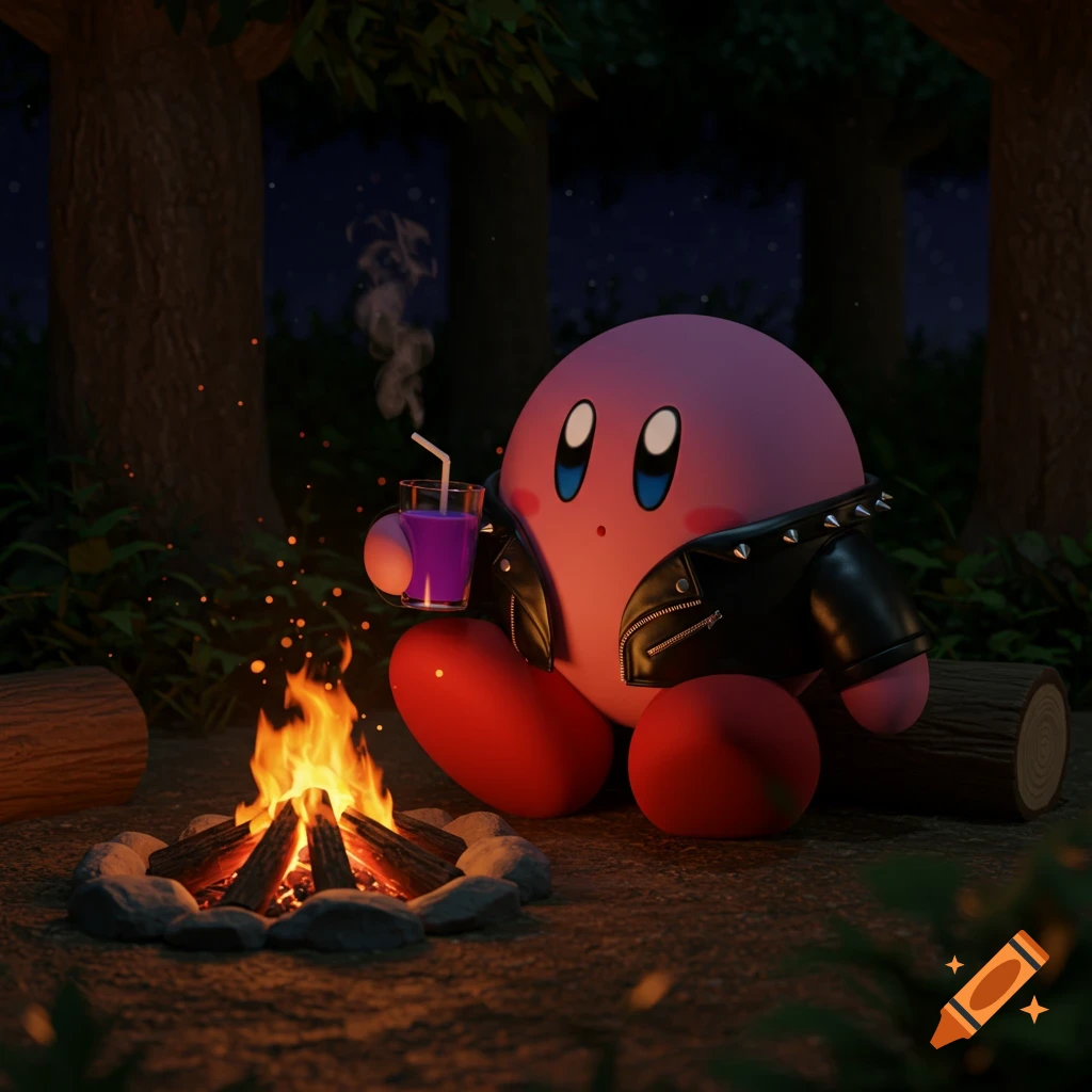 Kirby wears a leather jacket sitting by a campfire in a forest at night, holding a drink with smoke.