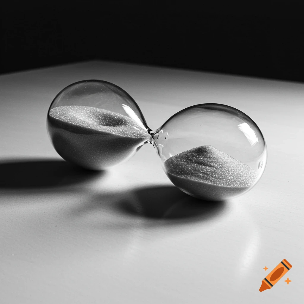 Black and white photorealistic image of an hourglass laying on its side on a table.