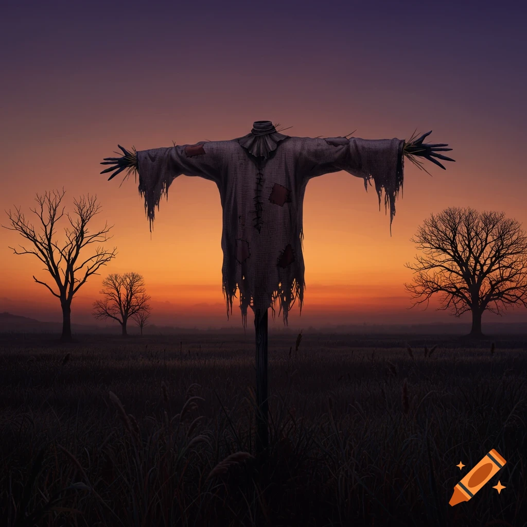 A scarecrow stands in a field at sunset.