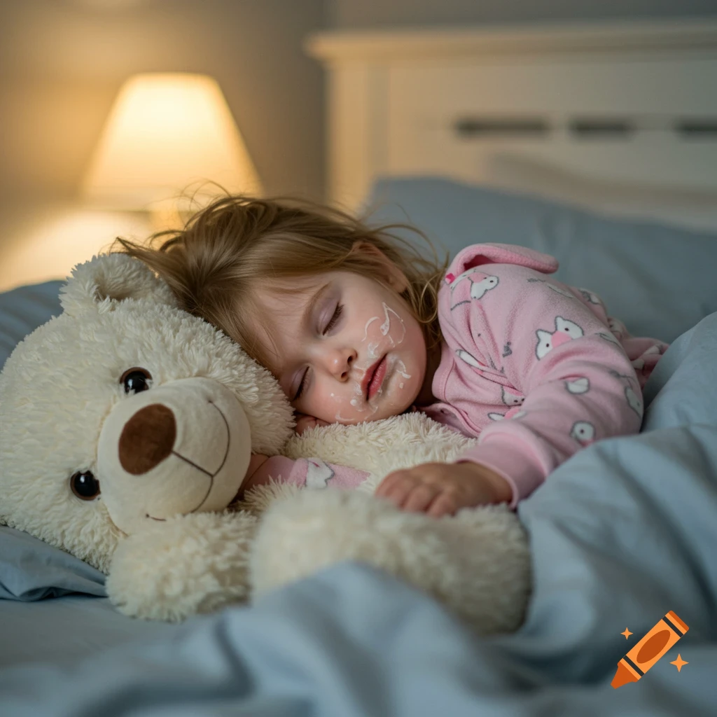 A young child asleep in bed, cuddling a teddy bear, with spilled milk on her cheek.