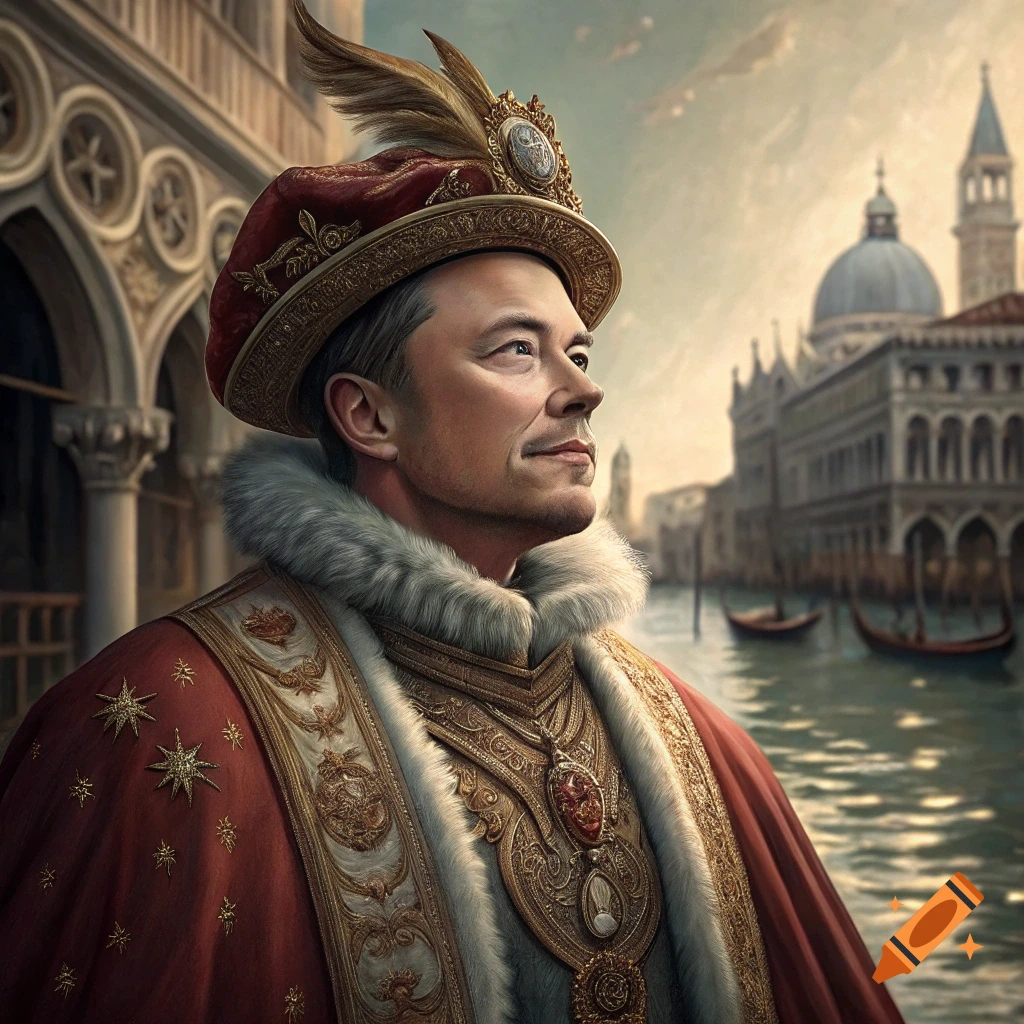 Painting of Elon Musk dressed as a Venetian Doge standing by a canal in Venice.