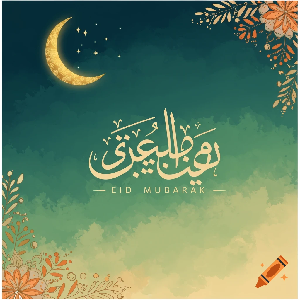 An Eid greeting card with Arabic calligraphy, crescent moon, stars, floral patterns, and 'Eid Mubarak' text, in a watercolor style.
