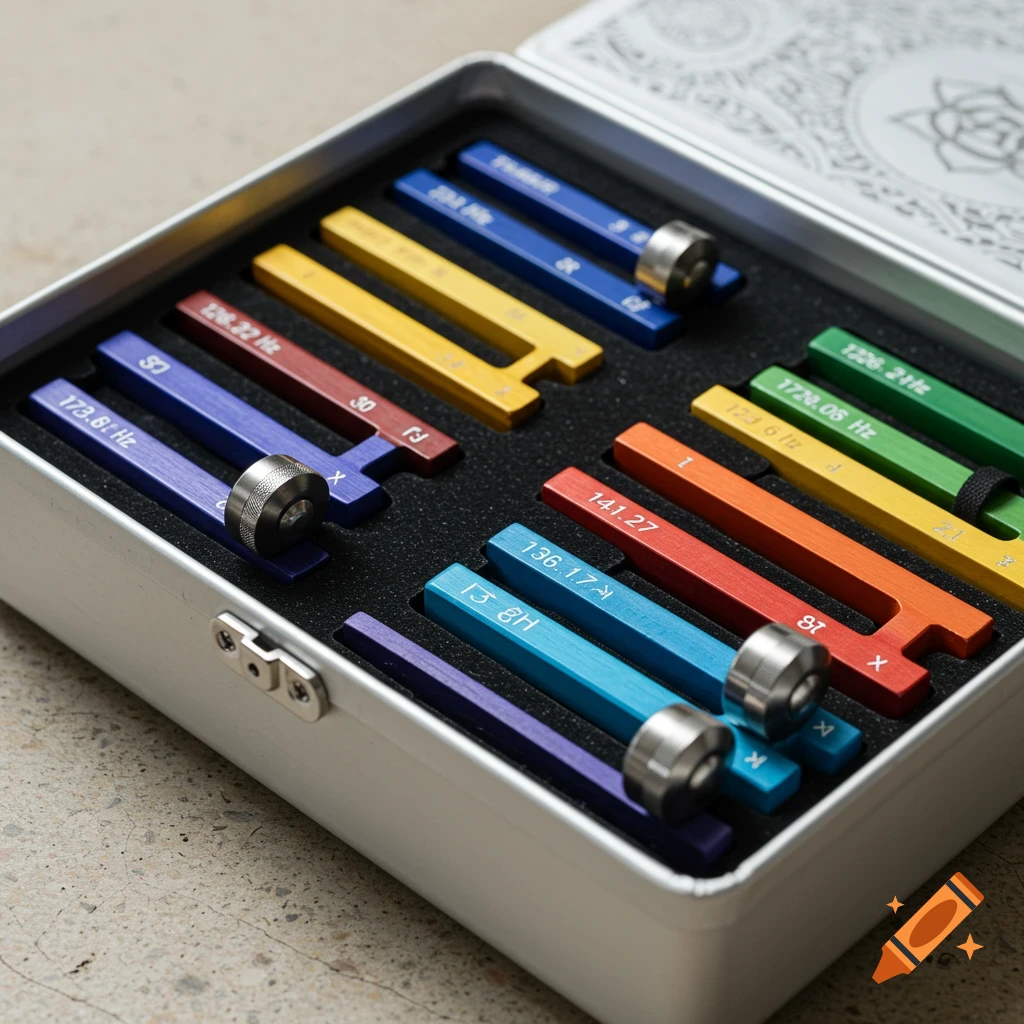Close-up photo of a set of colorful chakra tuning forks in a white metal box, showing labeled frequencies.