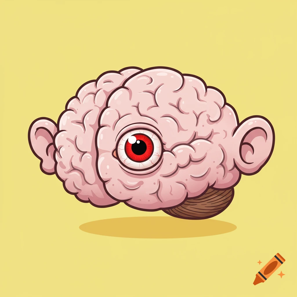 Cartoon brain with a single red eye and ears on a yellow background.