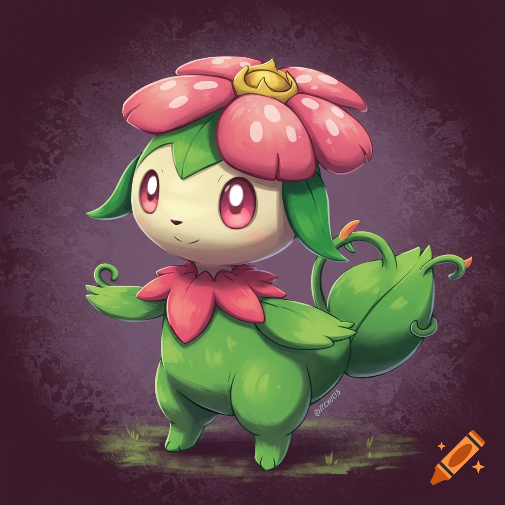 A cute plant creature with a large pink flower on its head.