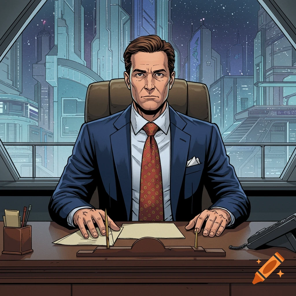 A man in a suit at a desk in front of a futuristic city window.