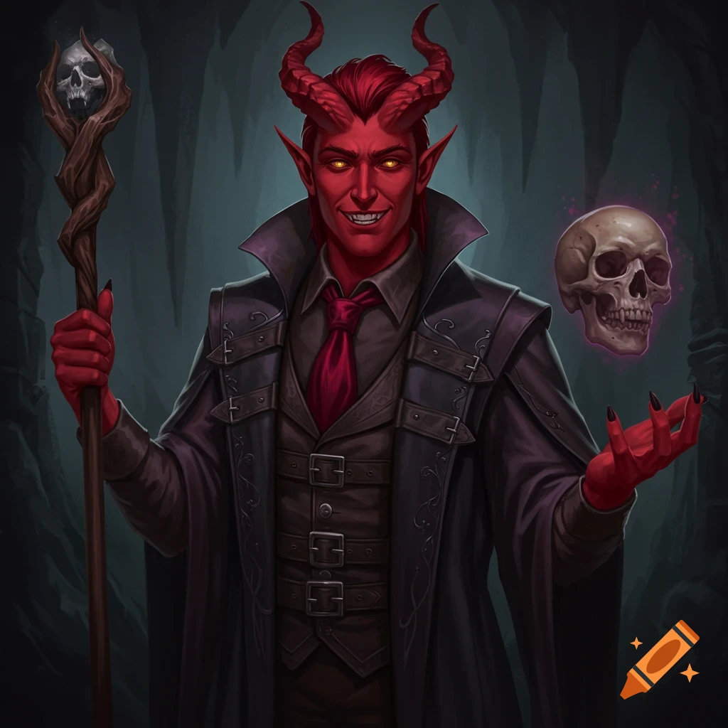 A male red-skinned Tiefling warlock in a suit holding a skull-topped staff with a floating skull.