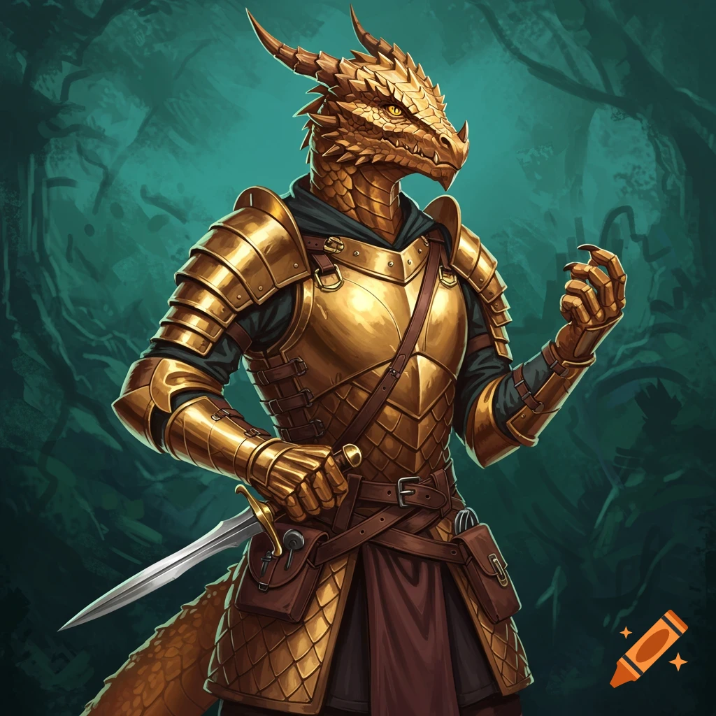 A brass dragonborn rogue in golden scale mail armor, holding a sword in a forest.