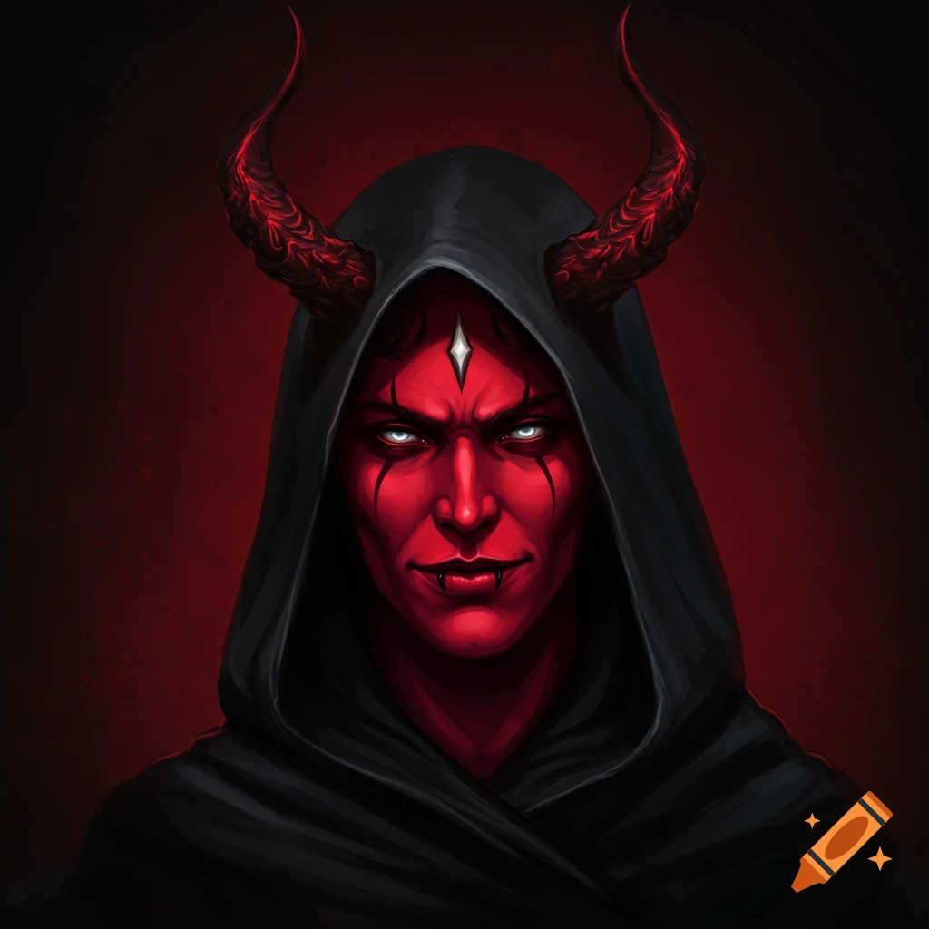 A portrait of a red-skinned demon with large red horns and a black hood.