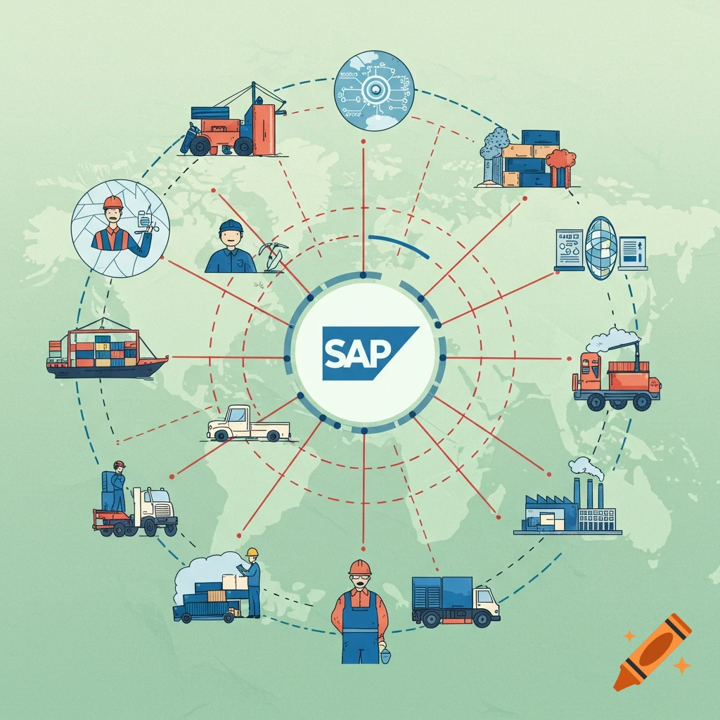 Illustration showing the SAP logo connected to various supply chain elements like ships, trucks, factories, and workers.