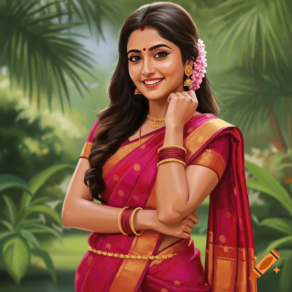 A beautiful Indian girl in a pink silk saree smiling in a garden.