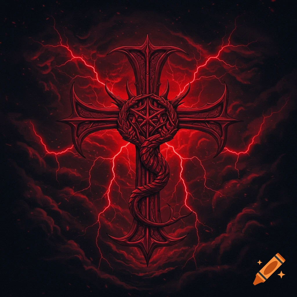 A stylized red cross wrapped in a snake against a background of red lightning and dark clouds.