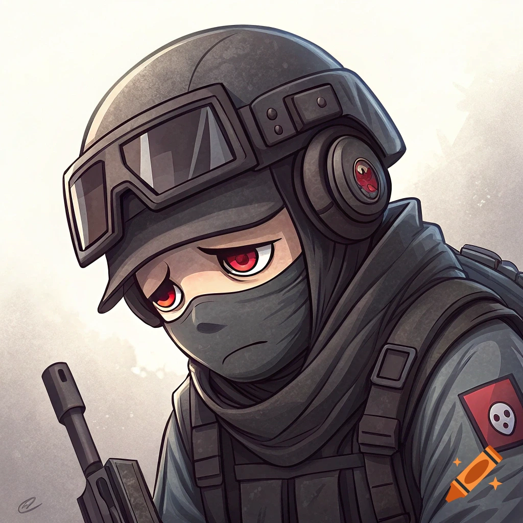 Cartoon portrait of a character in tactical gear with a sad face and red eyes, holding a rifle.