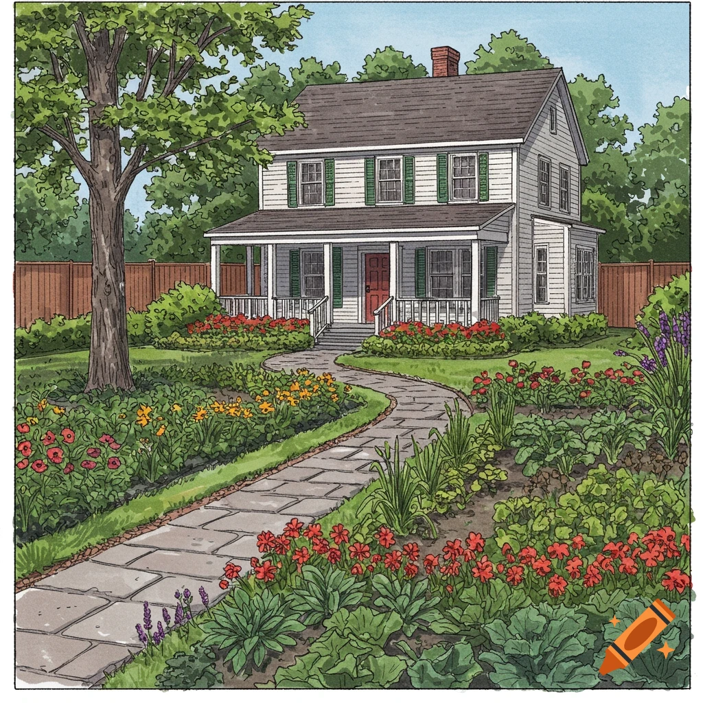 Illustration of a house with a garden path bordered by flowers and vegetables.