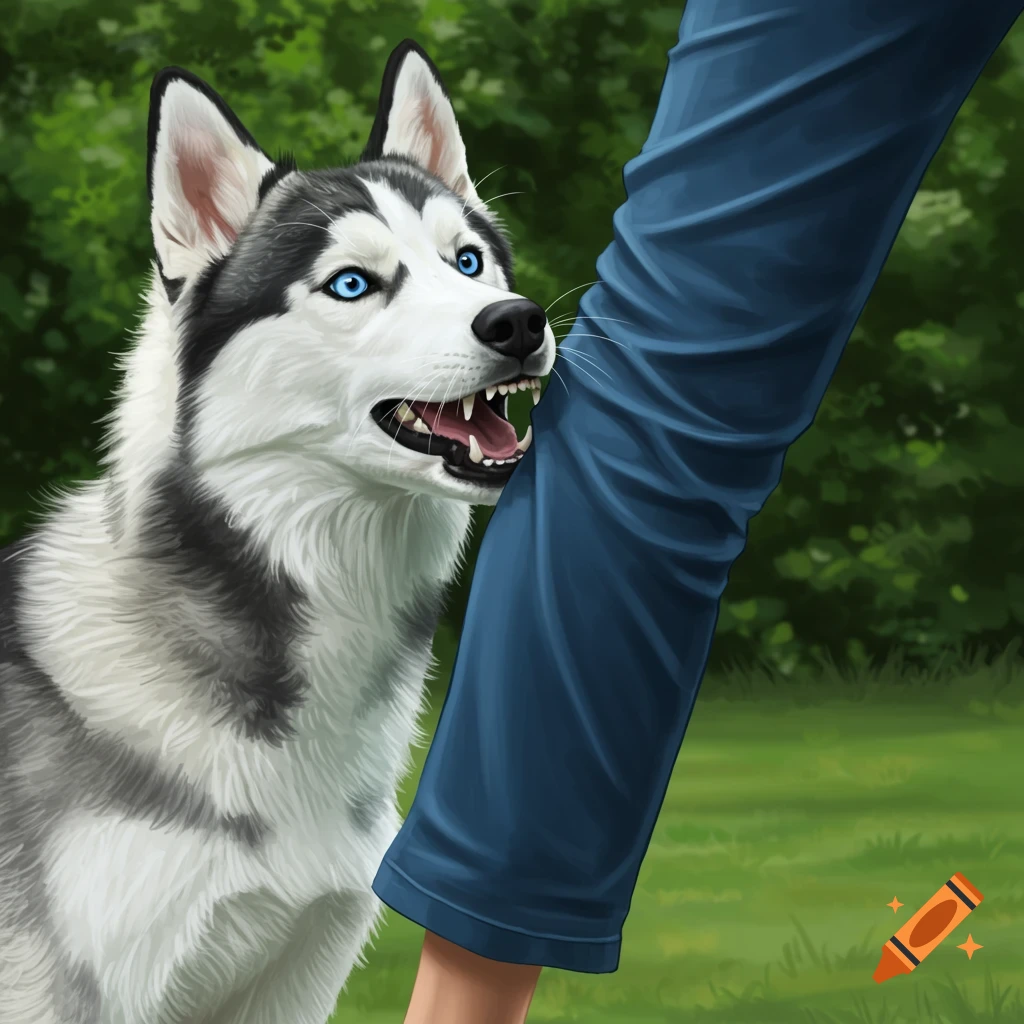 A husky playfully bites a person's pant leg in a park.