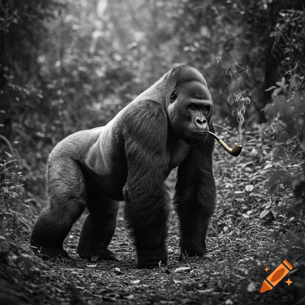 A black and white photorealistic image of a silverback gorilla standing in a forest path, holding and smoking a pipe.