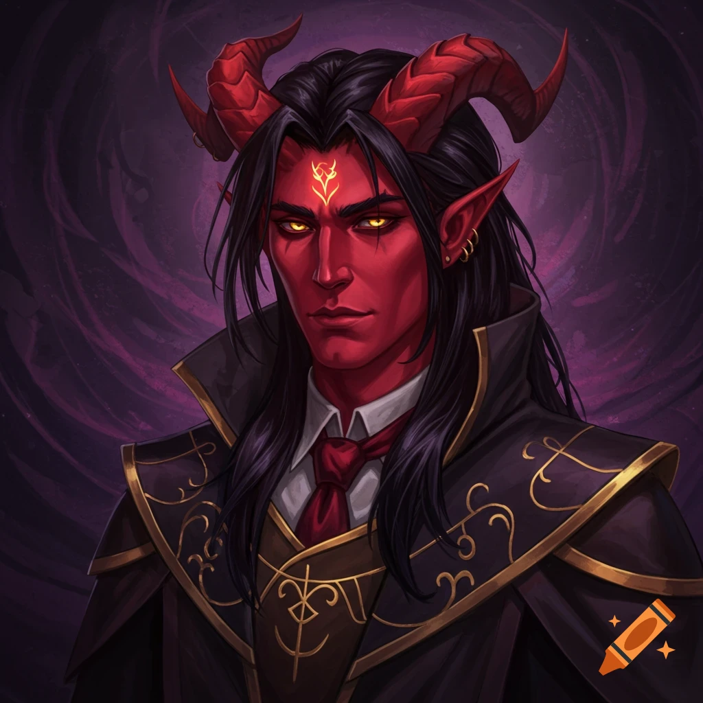 A male Tiefling Warlock with red skin, horns, yellow eyes, and long black hair, wearing a black and gold cloak and a suit with a red tie.
