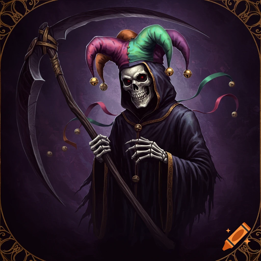 A skeleton Grim Reaper wearing a colorful jester hat and holding a scythe.