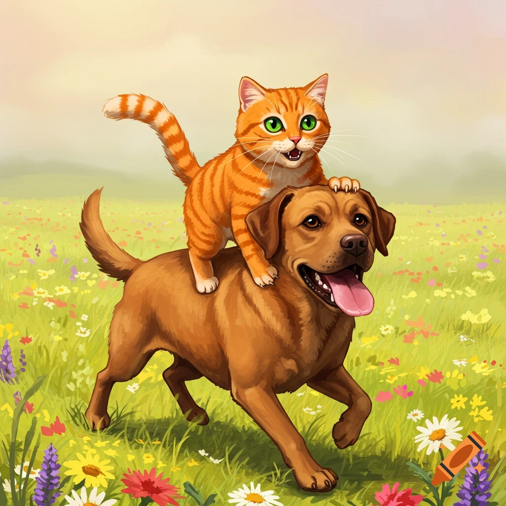 An orange cat riding on the back of a brown dog through a field of flowers.