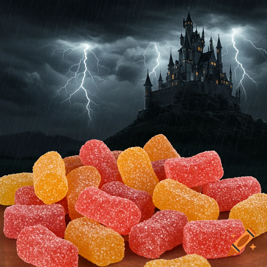 Pile of red and orange gummy candies in front of a stormy castle with lightning