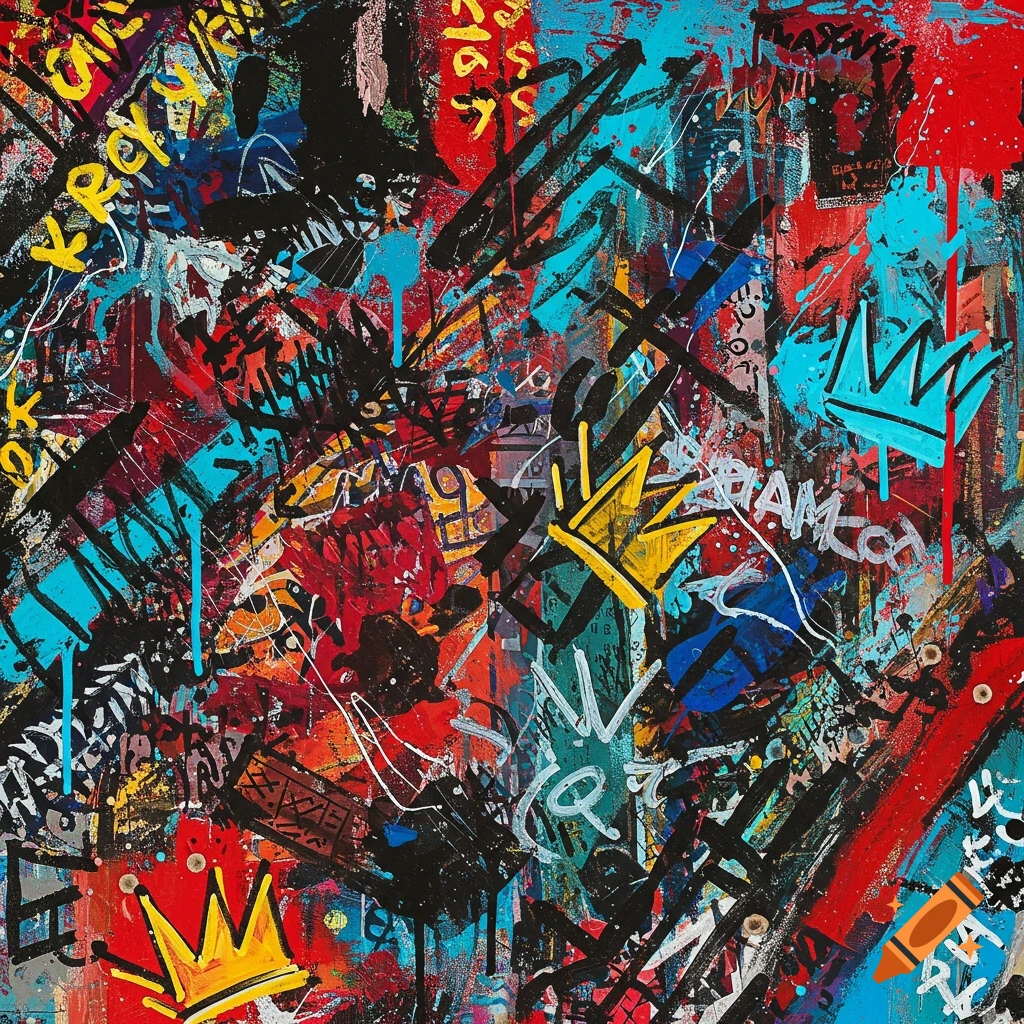 Chaotic image in Jackson Pollock and Basquiat style with splatters, scribbles, text, and crowns in red, black, blue, and yellow.