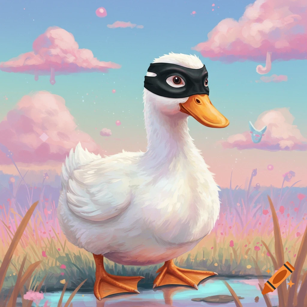 A white duck wearing a black bandit mask stands in a field with pink clouds in the background.