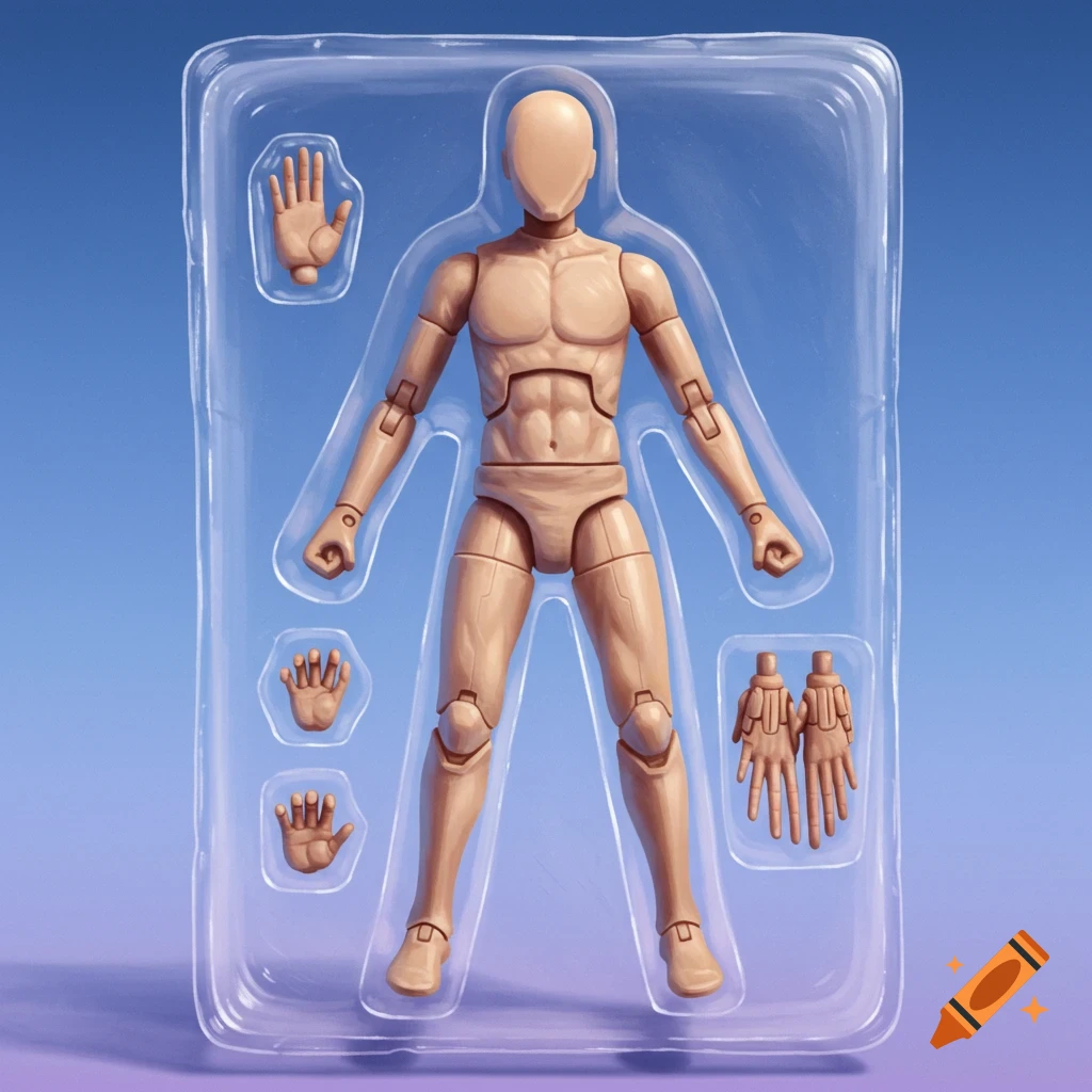 A realistic action figure in packaging with interchangeable hands.