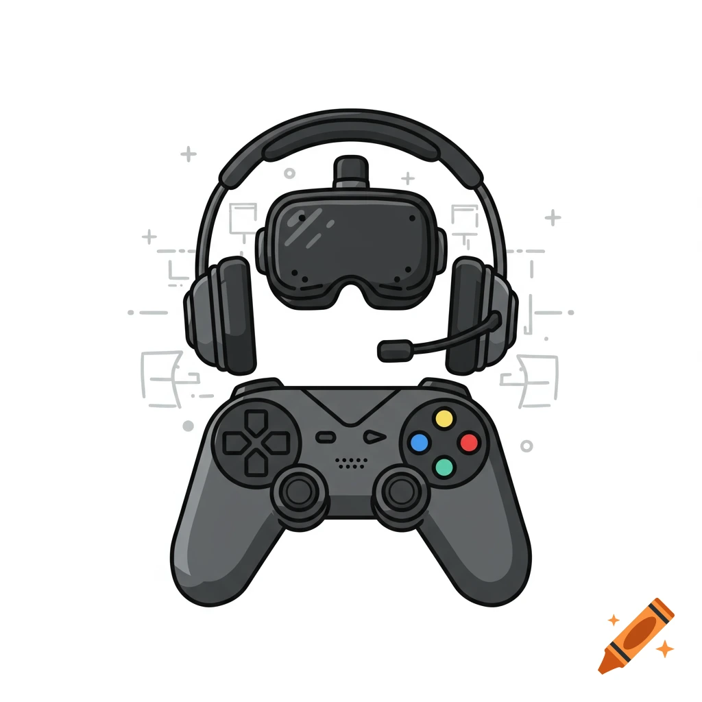 Stylized illustration of a game controller with a headset and VR headset.