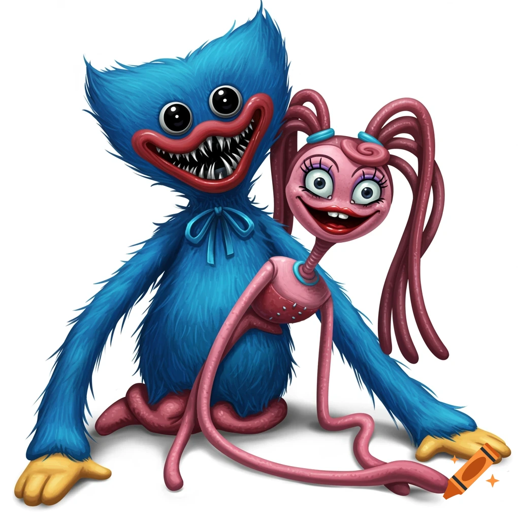 Stylized illustration of blue Huggy Wuggy and pink Mommy Long Legs monsters from Poppy Playtime together on a white background.