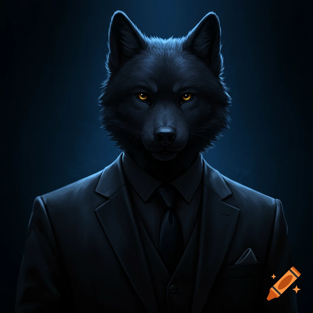 A black wolf wearing a black suit and tie.