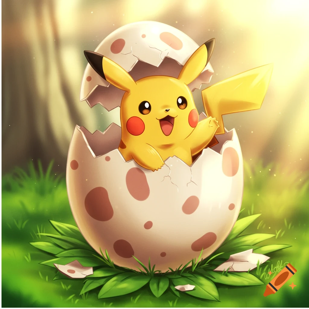 Anime-style Pikachu hatching from a speckled egg in the grass.
