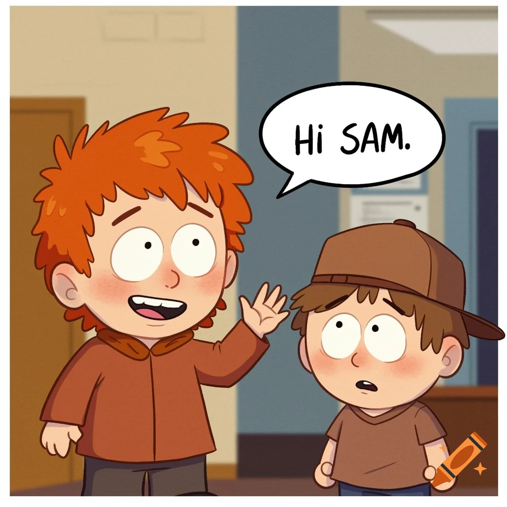 South Park-style cartoon showing a red-haired character waving and saying 'Hi Sam' to a surprised character in a hat.