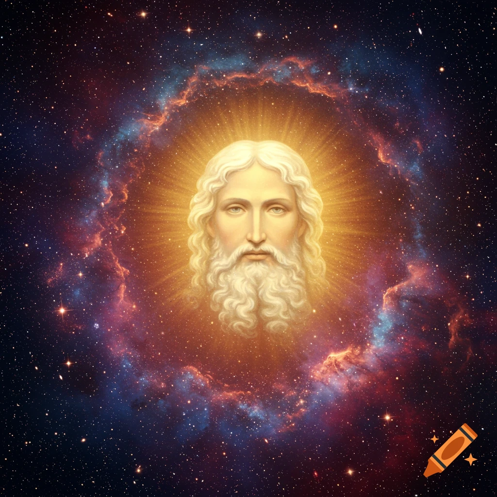 A face radiating light, depicted within a vibrant cosmic nebula filled with stars.