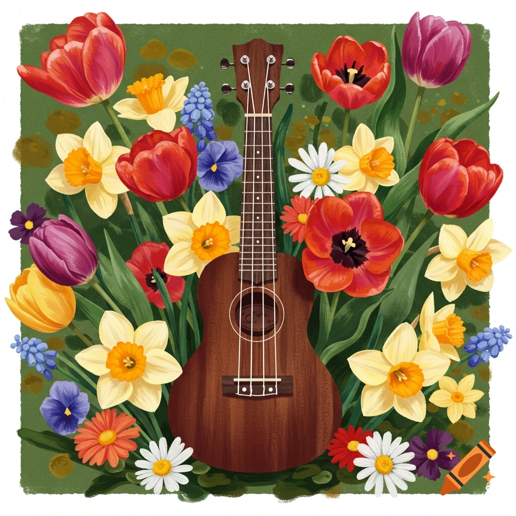 A ukulele surrounded by colorful spring flowers.