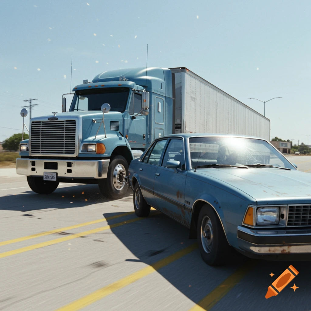 A blue semi truck drives close to a blue car on a sunny road.