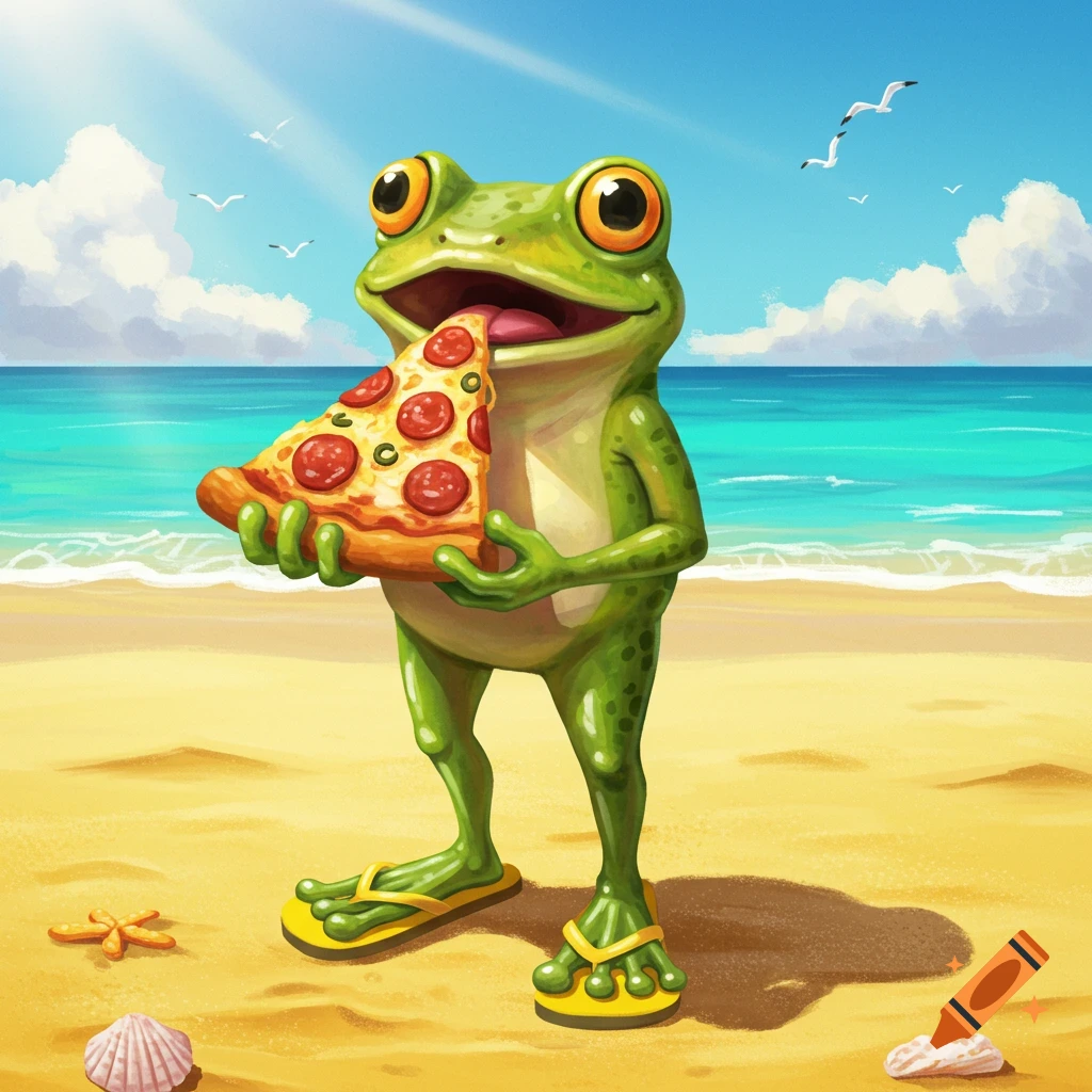 A cartoon frog in flip-flops stands on a sunny beach eating a slice of pizza.