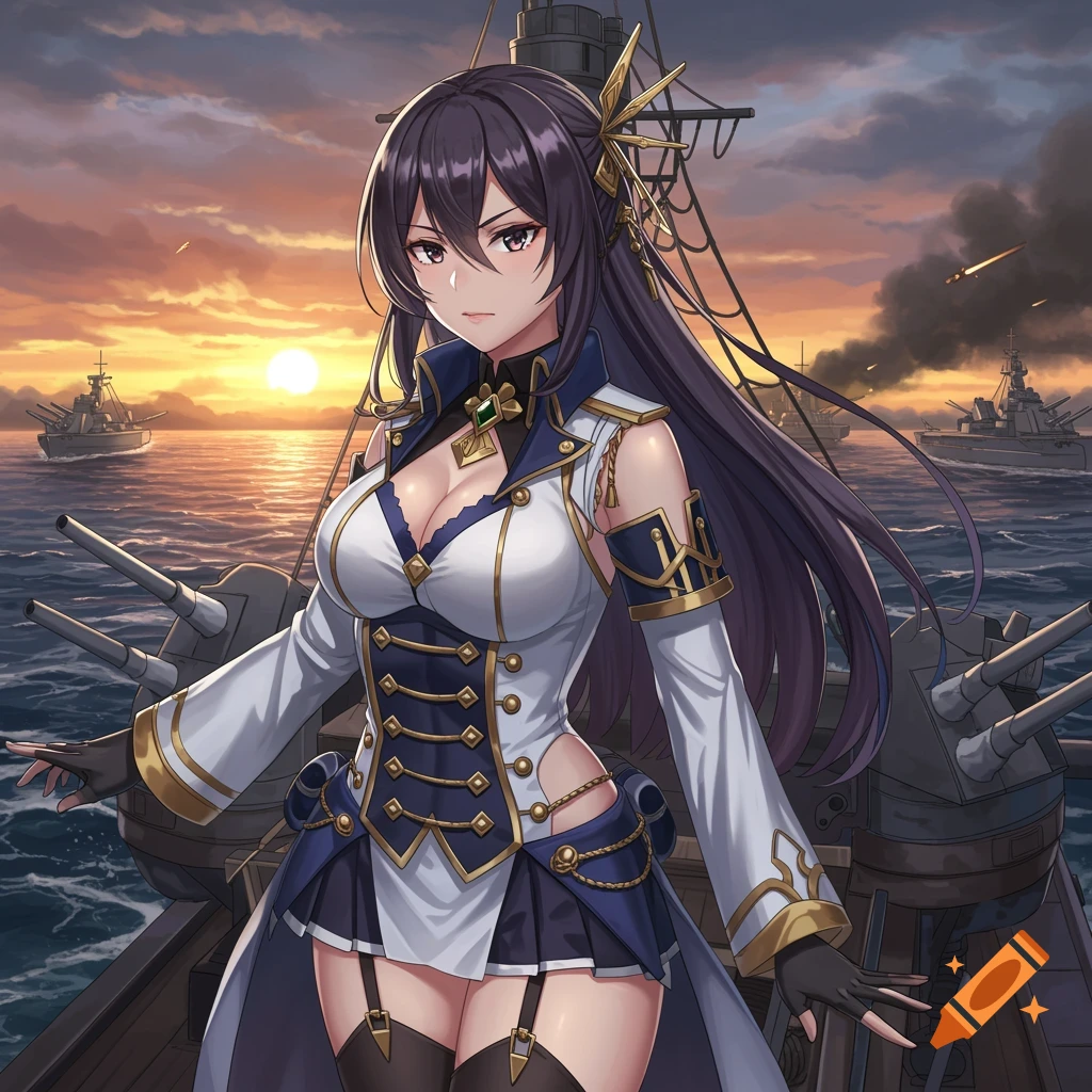 An anime illustration of a woman in a detailed naval uniform standing on a ship deck during a sunset battle.