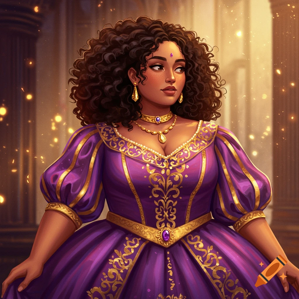 A woman with curly hair in a purple royal dress and gold jewelry in a fantasy setting.