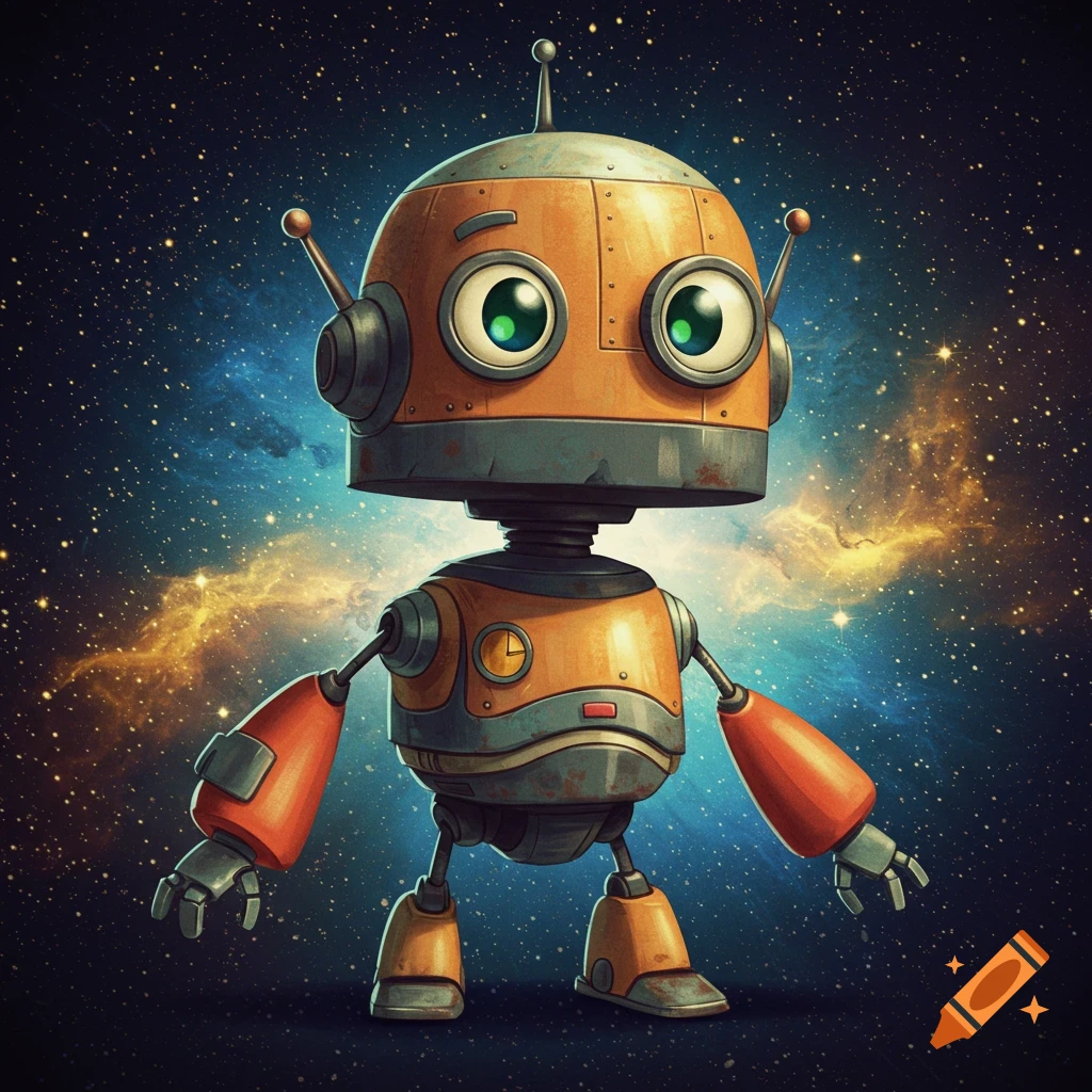 A cute, orange robot with large eyes stands in front of a starry space background with a colorful nebula.