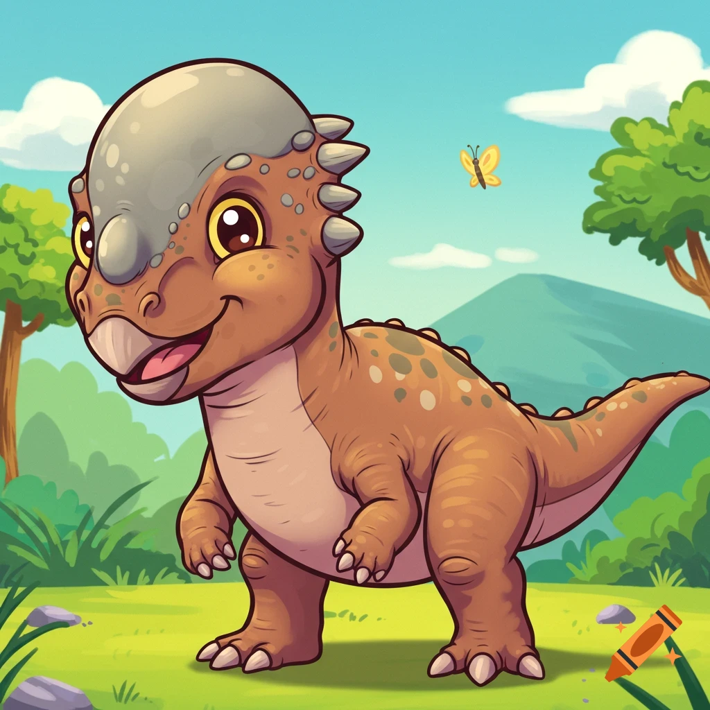 A cute cartoon Pachycephalosaurus dinosaur stands in a grassy landscape with trees and mountains.